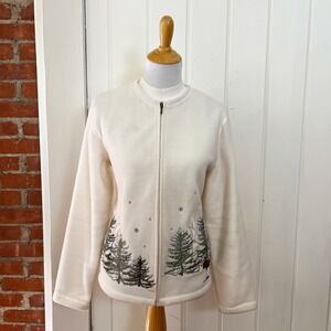 Vintage 90s Croft & Barrow Winter Fleece Jacket Embroidered Deer Woodland L